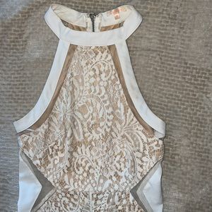 Asymmetric Nude & White lace dress with mesh cut outs